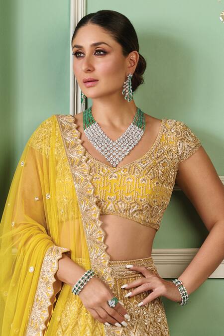 Ritika Mirchandani_Yellow Crepe Silk Embroidery Bead Leaf Geometric Bridal Lehenga Set  _Online_at_Aza_Fashions