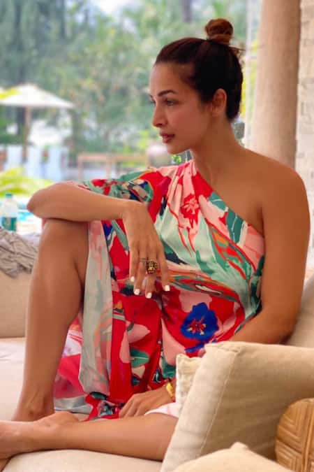 Shop_Mandira Wirk Resort_Multi Color Crepe Satin Asymmetric One Shoulder Draped Kaftan Dress _at_Aza_Fashions