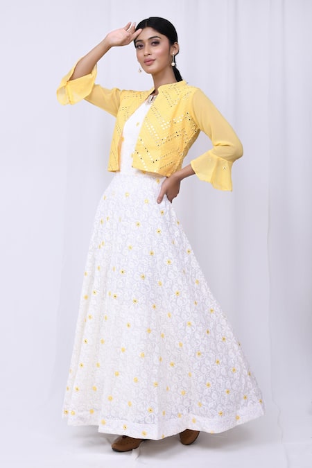 Buy White Mirror Work Dress And Jacket Set For Women by Arihant