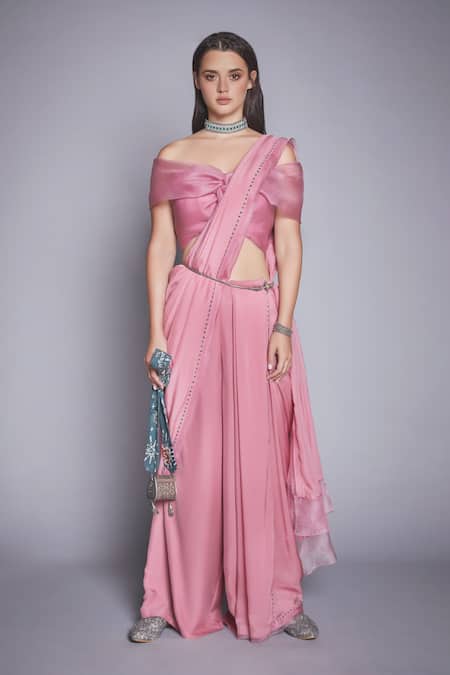 Jade By Monica & Karishma Pink Organza Pre-draped Pant Saree With Blouse  