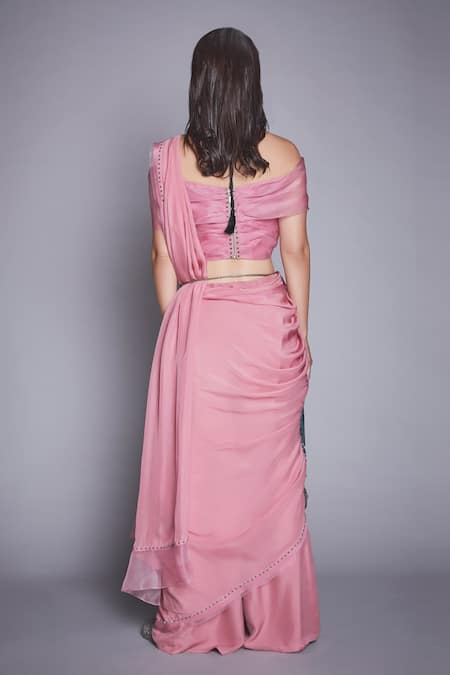 Shop Jade By Monica & Karishma Pink Organza Pre-draped Pant Saree With Blouse at Aza Fashions Shop_Jade By Monica & Karishma_Pink Organza Pre-draped Pant Saree With Blouse _at_Aza_Fashions