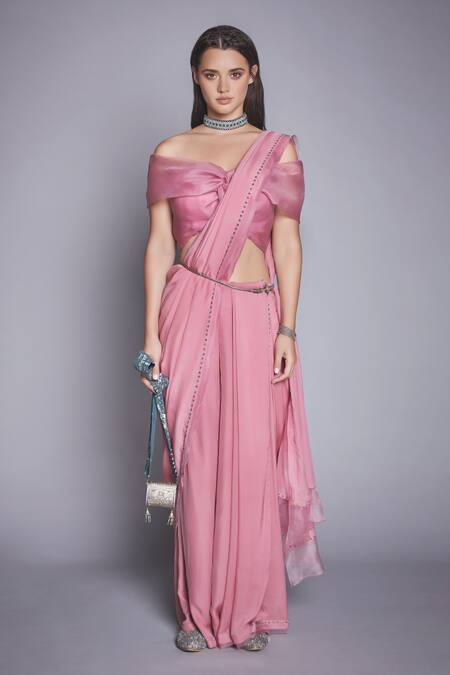 Jade By Monica & Karishma Pink Organza Pre-draped Pant Saree With Blouse Online at Aza Fashions Jade By Monica & Karishma_Pink Organza Pre-draped Pant Saree With Blouse _Online_at_Aza_Fashions