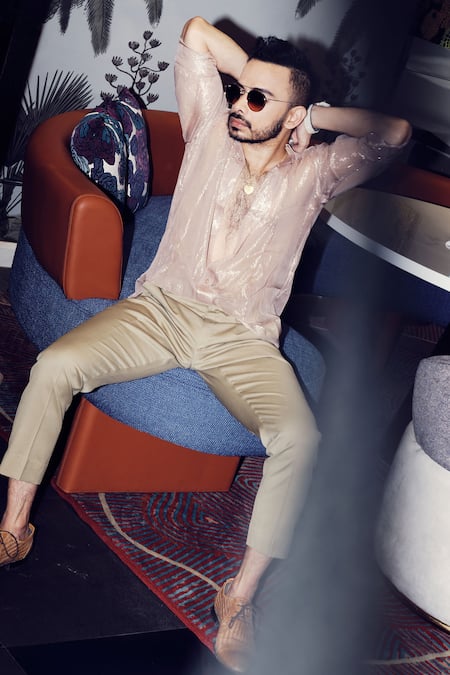 Shop_Nirmooha_Beige Lurex And Suiting Spread Collar Shirt & Pant Set _Online_at_Aza_Fashions