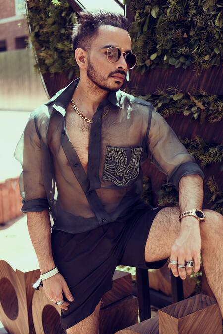 Shop Nirmooha Green Organza And Micro Cording Sheer Shirt & Pant Set Online at Aza Fashions Shop_Nirmooha_Green Organza And Micro Cording Sheer Shirt & Pant Set _Online_at_Aza_Fashions