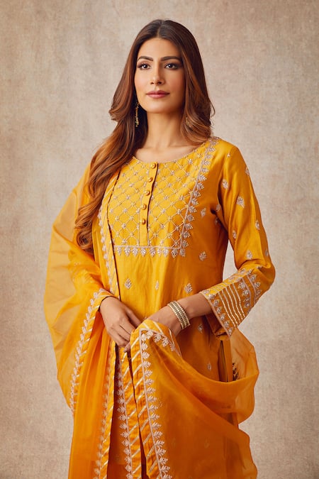 Ajiesh Oberoi Yellow Organza, Chanderi Round Kurta Gharara Set Online at Aza Fashions Ajiesh Oberoi_Yellow Organza, Chanderi Round Kurta Gharara Set _Online_at_Aza_Fashions