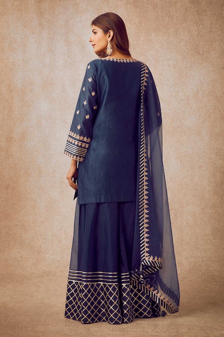 Shop Ajiesh Oberoi Blue Organza, Chanderi Round Kurta Gharara Set at Aza Fashions Shop_Ajiesh Oberoi_Blue Organza, Chanderi Round Kurta Gharara Set _at_Aza_Fashions