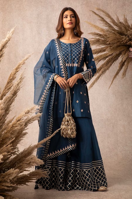 Ajiesh Oberoi Blue Organza, Chanderi Round Kurta Gharara Set Online at Aza Fashions Ajiesh Oberoi_Blue Organza, Chanderi Round Kurta Gharara Set _Online_at_Aza_Fashions
