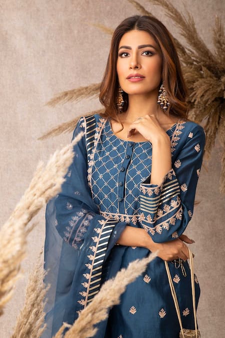 Buy Ajiesh Oberoi Blue Organza, Chanderi Round Kurta Gharara Set Online at Aza Fashions Buy_Ajiesh Oberoi_Blue Organza, Chanderi Round Kurta Gharara Set _Online_at_Aza_Fashions