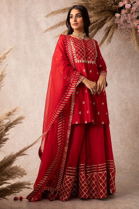 Ajiesh Oberoi Red Chanderi Round Kurta Gharara Set 