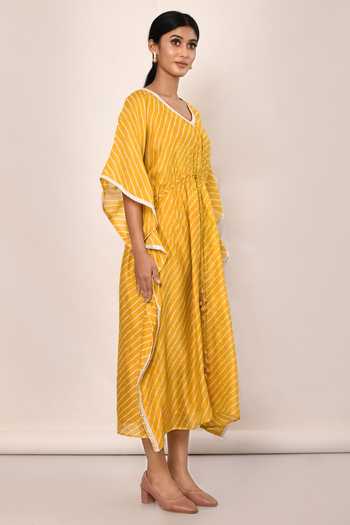 Naintara Bajaj_Yellow Chanderi Striped Kaftan_Online_at_Aza_Fashions