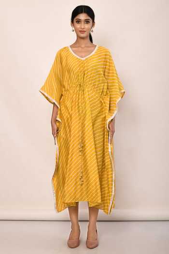 Shop_Naintara Bajaj_Yellow Chanderi Striped Kaftan_Online_at_Aza_Fashions