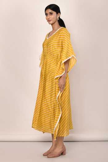 Naintara Bajaj_Yellow Chanderi Striped Kaftan_at_Aza_Fashions