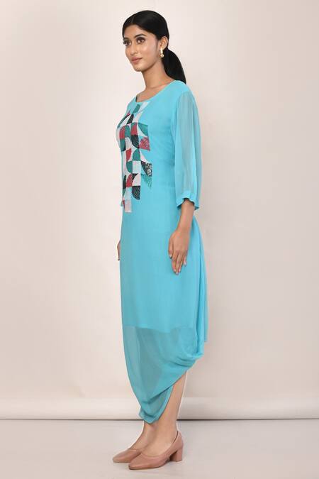 Shop_Naintara Bajaj_Blue Asymmetric Hand Embellished Dress_Online_at_Aza_Fashions