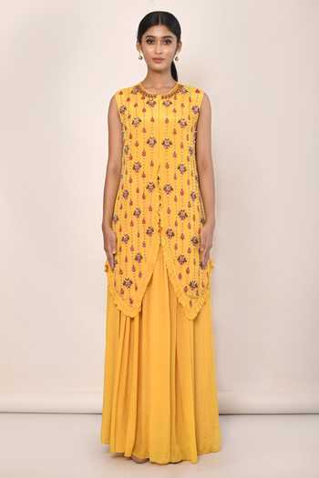 Buy_Naintara Bajaj_Yellow Asymmetric Kurta And Skirt Set_Online_at_Aza_Fashions