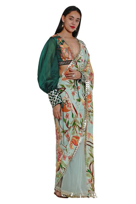 Limerick By Abirr N' Nanki_Green Organza, Crepe V Neck Printed Blouse_Online_at_Aza_Fashions