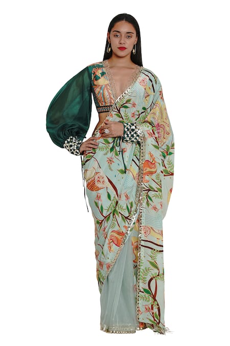 Buy_Limerick By Abirr N' Nanki_Green Organza, Crepe V Neck Printed Blouse_Online_at_Aza_Fashions