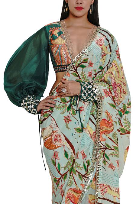 Shop_Limerick By Abirr N' Nanki_Green Organza, Crepe V Neck Printed Blouse_Online_at_Aza_Fashions