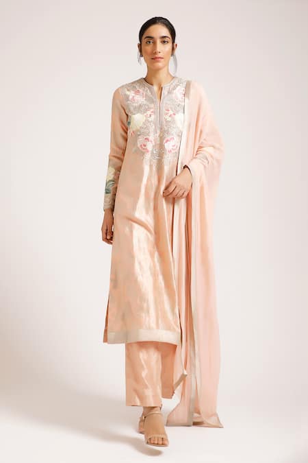 Pankaj & Nidhi Peach Silk Brocade Notched Embroidered Kurta Set 