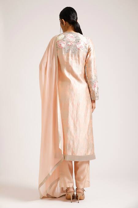 Shop Pankaj & Nidhi Peach Silk Brocade Notched Embroidered Kurta Set at Aza Fashions Shop_Pankaj & Nidhi_Peach Silk Brocade Notched Embroidered Kurta Set _at_Aza_Fashions