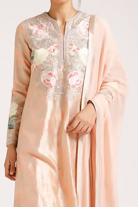 Pankaj & Nidhi Peach Silk Brocade Notched Embroidered Kurta Set Online at Aza Fashions Pankaj & Nidhi_Peach Silk Brocade Notched Embroidered Kurta Set _Online_at_Aza_Fashions