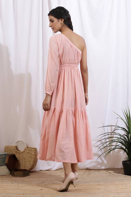Shop_Marche_Peach Cotton Plain One Shoulder Tiered Dress_at_Aza_Fashions