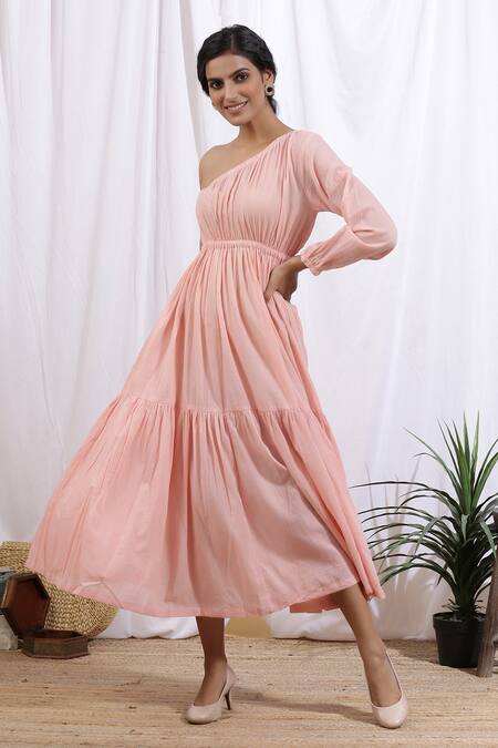 Marche_Peach Cotton Plain One Shoulder Tiered Dress_Online_at_Aza_Fashions