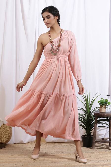 Buy_Marche_Peach Cotton Plain One Shoulder Tiered Dress_Online_at_Aza_Fashions
