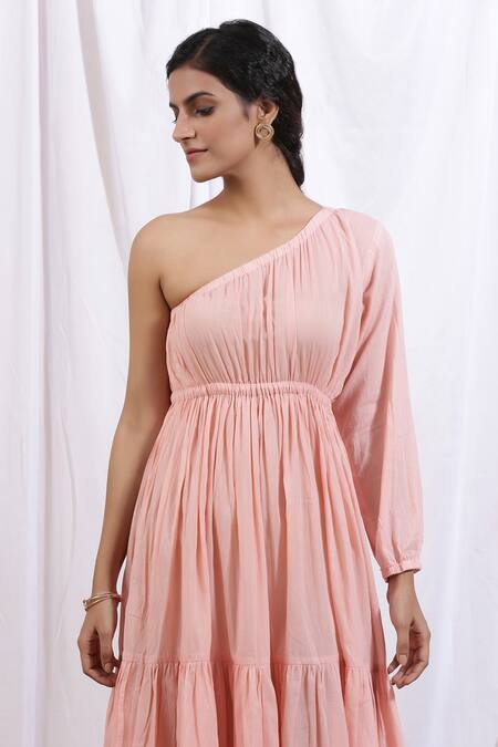 Shop_Marche_Peach Cotton Plain One Shoulder Tiered Dress_Online_at_Aza_Fashions