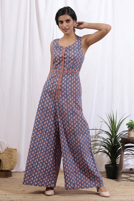 Marche_Blue Cotton Printed Paisley Square Neck Pop Jumpsuit_Online_at_Aza_Fashions