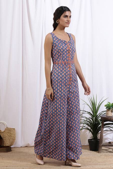 Buy_Marche_Blue Cotton Printed Paisley Square Neck Pop Jumpsuit_Online_at_Aza_Fashions