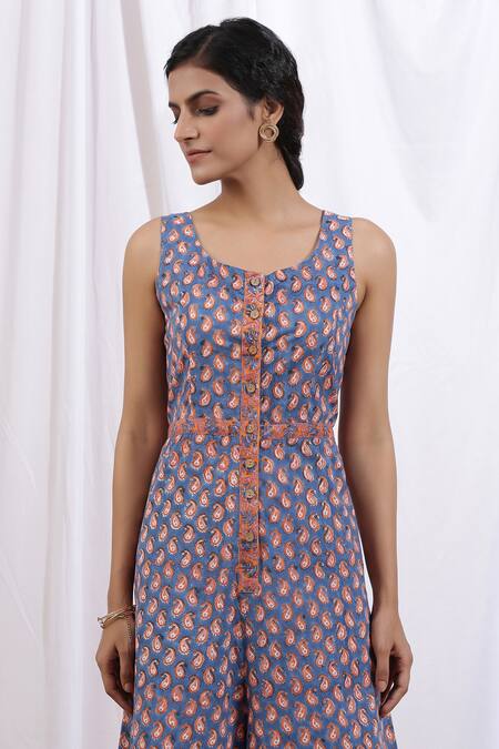 Shop_Marche_Blue Cotton Printed Paisley Square Neck Pop Jumpsuit_Online_at_Aza_Fashions