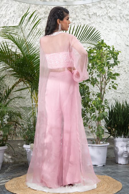 Shop Kanj By Priyanka A Sakhuja Pink Capo Organza, Matte Satin Sequin, Thread And Maire Bell Bottom Pant Set at Aza Fashions Shop_Kanj By Priyanka A Sakhuja_Pink Capo Organza, Matte Satin Sequin, Thread And Maire Bell Bottom Pant Set _at_Aza_Fashions
