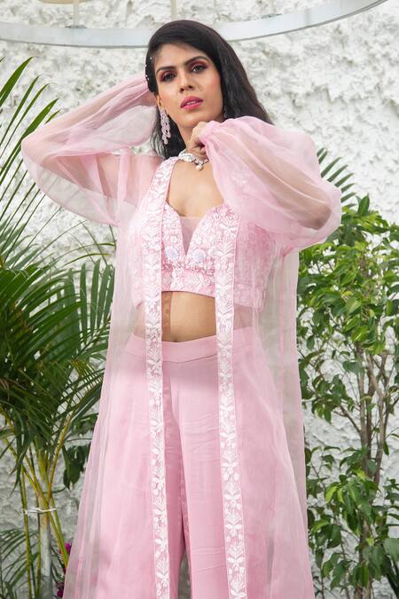 Kanj By Priyanka A Sakhuja Pink Capo Organza, Matte Satin Sequin, Thread And Maire Bell Bottom Pant Set Online at Aza Fashions Kanj By Priyanka A Sakhuja_Pink Capo Organza, Matte Satin Sequin, Thread And Maire Bell Bottom Pant Set _Online_at_Aza_Fashions