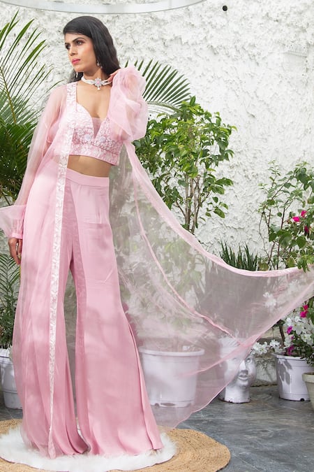 Buy Kanj By Priyanka A Sakhuja Pink Capo Organza, Matte Satin Sequin, Thread And Maire Bell Bottom Pant Set Online at Aza Fashions Buy_Kanj By Priyanka A Sakhuja_Pink Capo Organza, Matte Satin Sequin, Thread And Maire Bell Bottom Pant Set _Online_at_Aza_Fashions