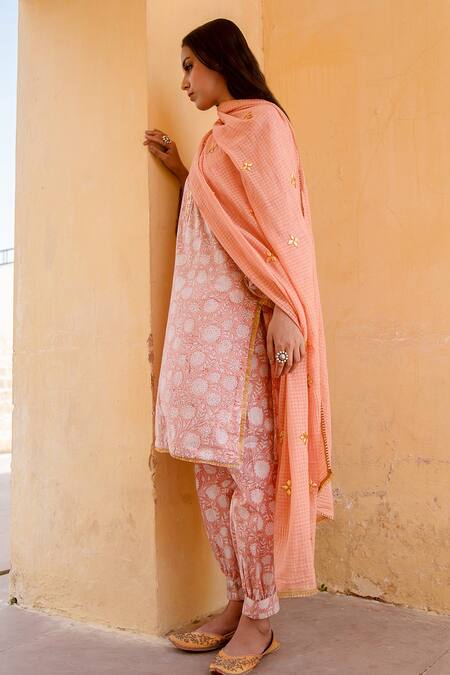 Buy_Gulabo Jaipur_Peach Cotton Floral Round Print Kurta Set_Online_at_Aza_Fashions
