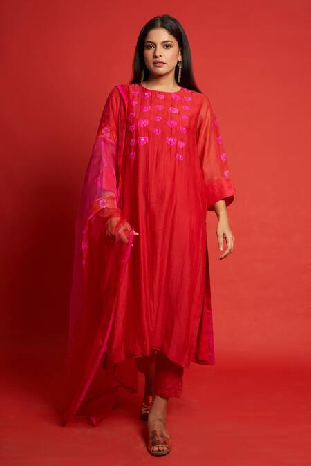 Buy Priti Prashant Pink Cotton Silk Mul And Organza Floral Print & Sequin Marigold Kurta Pant Set Online at Aza Fashions Buy_Priti Prashant_Pink Cotton Silk Mul And Organza Floral Print & Sequin Marigold Kurta Pant Set _Online_at_Aza_Fashions