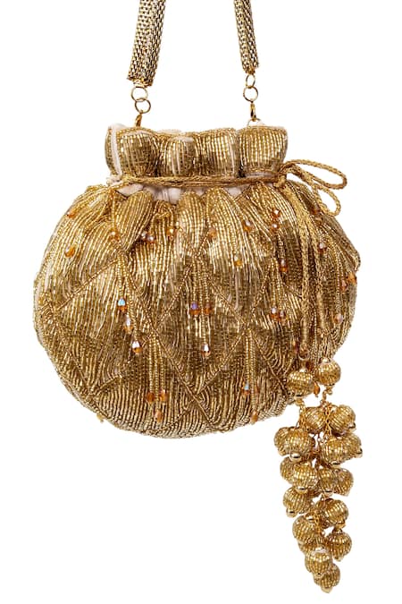 Shop SG Collection By Sonia Gulrajani Gold Hand Cut Beads Work Marigold Velvet Embroidered Potli Bag at Aza Fashions Shop_SG Collection By Sonia Gulrajani_Gold Hand Cut Beads Work Marigold Velvet Embroidered Potli Bag _at_Aza_Fashions