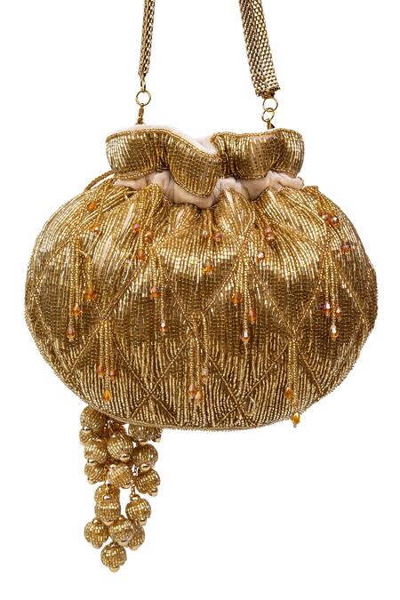 SG Collection By Sonia Gulrajani Gold Hand Cut Beads Work Marigold Velvet Embroidered Potli Bag Online at Aza Fashions SG Collection By Sonia Gulrajani_Gold Hand Cut Beads Work Marigold Velvet Embroidered Potli Bag _Online_at_Aza_Fashions