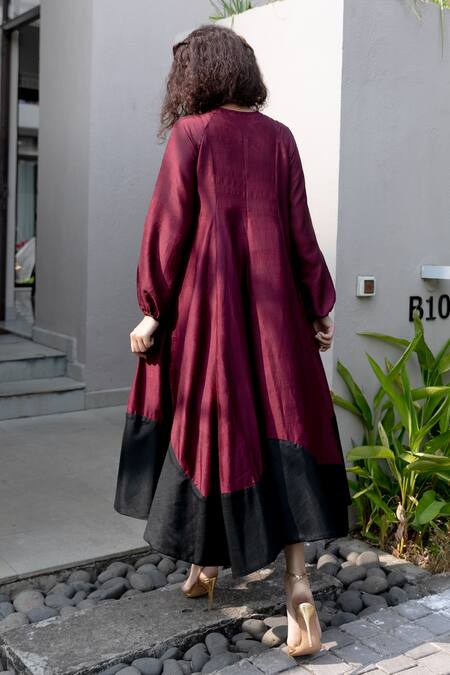 Shop Kavya Singh Kundu Maroon Silk Round Neck Port Mulberry Colour Block Hem Dress at Aza Fashions Shop_Kavya Singh Kundu_Maroon Silk Round Neck Port Mulberry Colour Block Hem Dress _at_Aza_Fashions