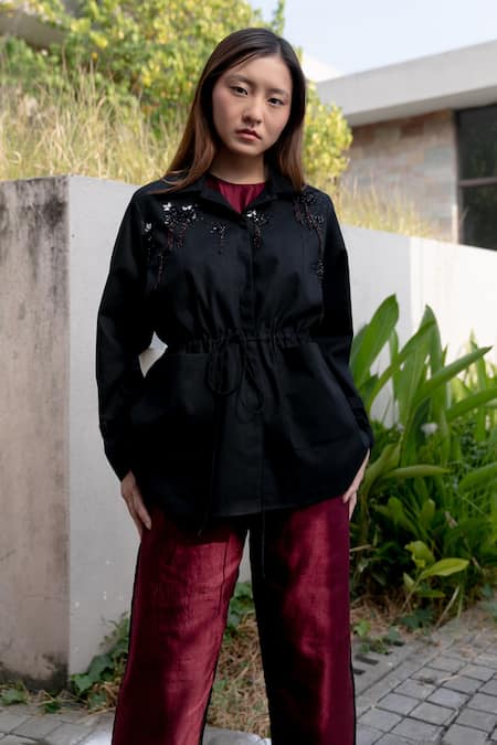 Shop Kavya Singh Kundu Black Cotton Embroidery Collared Noir Overshirt Jacket Online at Aza Fashions Shop_Kavya Singh Kundu_Black Cotton Embroidery Collared Noir Overshirt Jacket _Online_at_Aza_Fashions