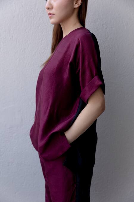 Buy Kavya Singh Kundu Maroon Silk Round Neck Bond Two-tone Pant Set Online at Aza Fashions Buy_Kavya Singh Kundu_Maroon Silk Round Neck Bond Two-tone Pant Set _Online_at_Aza_Fashions