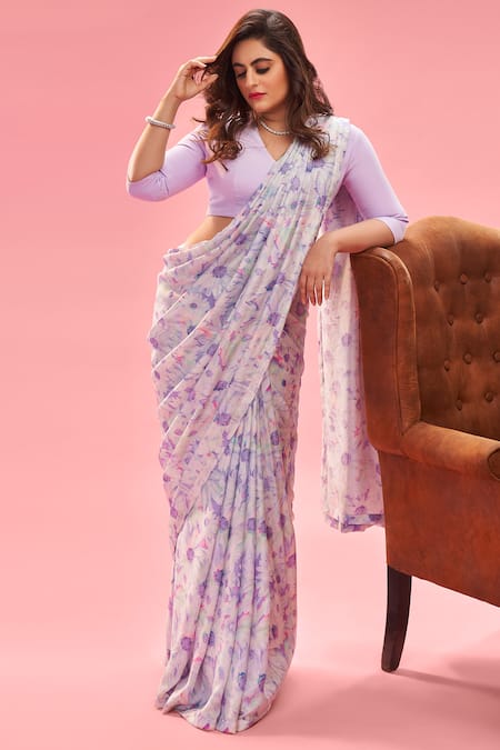 Masaba Purple Crepe Silk Saree With Blouse Unstitched Blouse Fabric