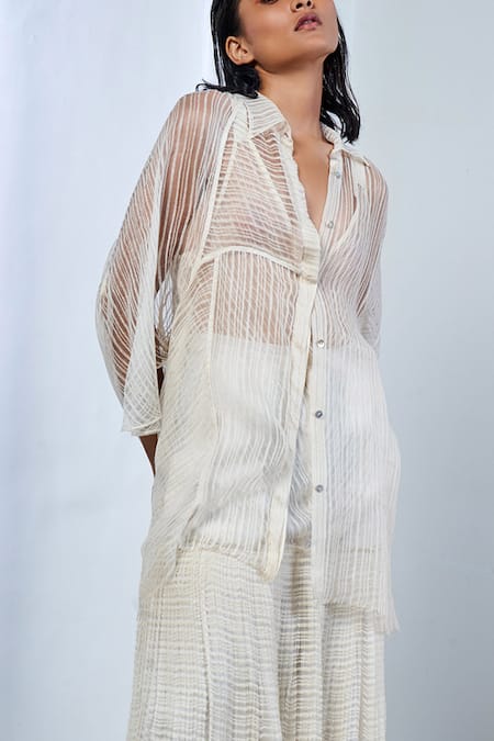 Urvashi Kaur_Off White Collared Sheer Striped Oversized Shirt_Online_at_Aza_Fashions