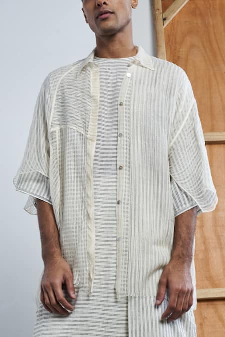 Urvashi Kaur_Grey Noil Silk, Organic Cotton Kurta With Shirt _Online_at_Aza_Fashions