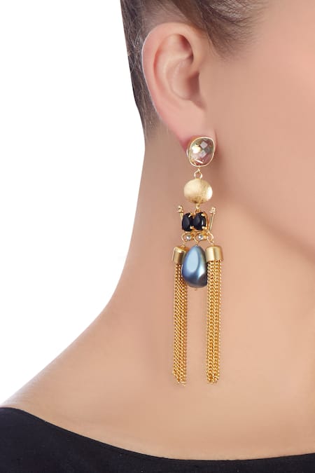 Masaya Jewellery Gold & black earrings with blue stone 