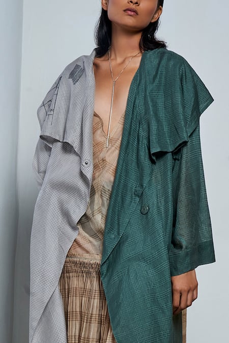 Buy_Urvashi Kaur_Beige Chanderi Silk V-neck V Drop Waist Midi Dress _Online_at_Aza_Fashions