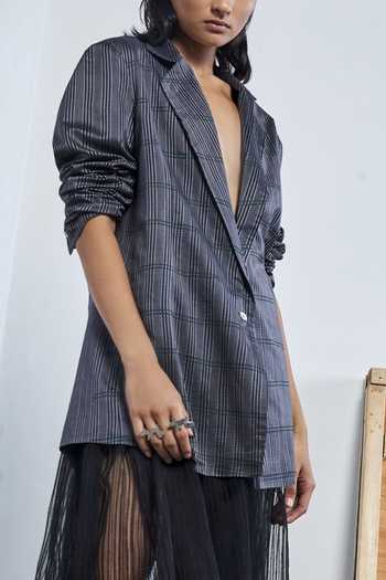 Urvashi Kaur_Gray Chanderi Silk Striped Longline Blazer_Online_at_Aza_Fashions