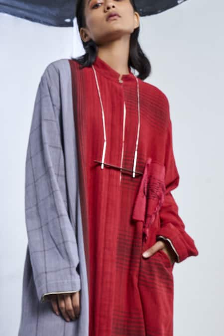 Shop Urvashi Kaur Red Cotton Mandarin Collar Colorblock Striped Organic Maxi Dress at Aza Fashions Shop_Urvashi Kaur_Red Cotton Mandarin Collar Colorblock Striped Organic Maxi Dress _at_Aza_Fashions