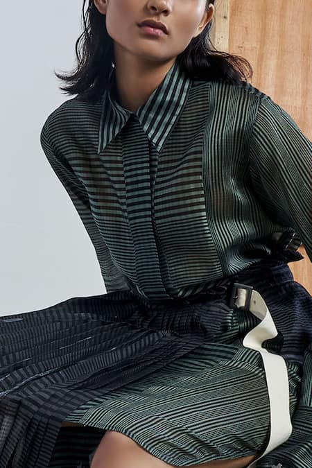 Shop Urvashi Kaur Black Chanderi Silk Block Print Striped Pleated Midi Skirt at Aza Fashions Shop_Urvashi Kaur_Black Chanderi Silk Block Print Striped Pleated Midi Skirt _at_Aza_Fashions