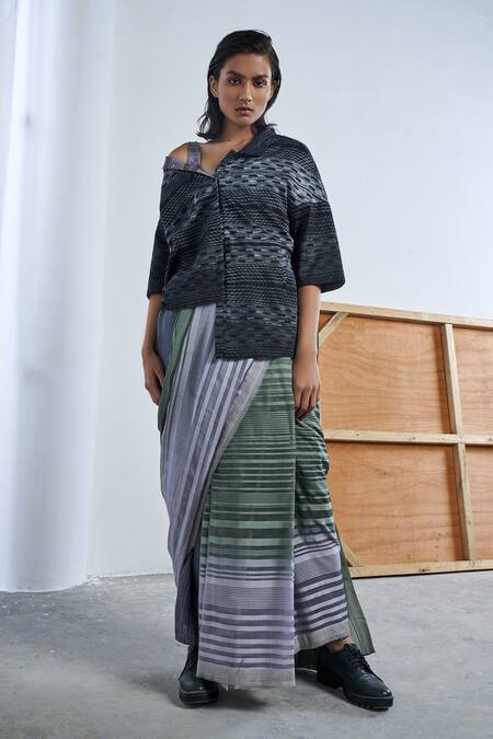 Urvashi Kaur_Black Chanderi Silk Collared Shibori Jacket _Online_at_Aza_Fashions